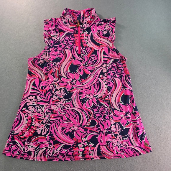 Lilly Pulitzer Tops - Lilly Pulitzer Luxletic Sleeveless Golf Polo Pink Navy Floral Ruffle XL